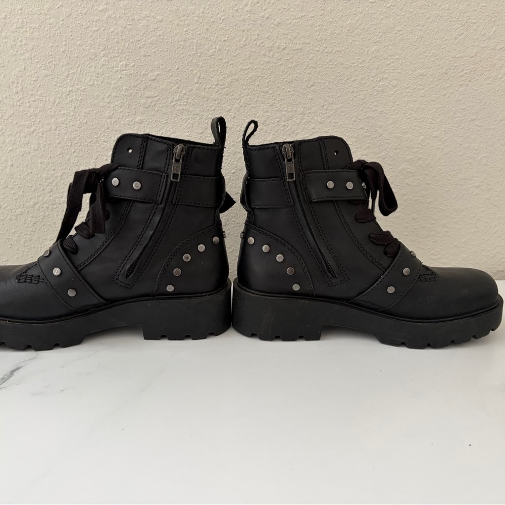 UGG Zorrah Black Leather Lug Sole Combat Boots with Buckle and Studs - Picture 2 of 7